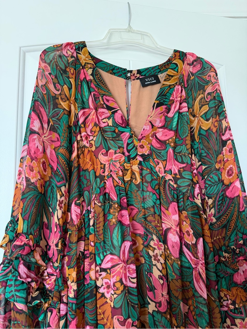 Vici Pink & Green Floral Tiered Maxi Dress XL - Picture 2 of 4